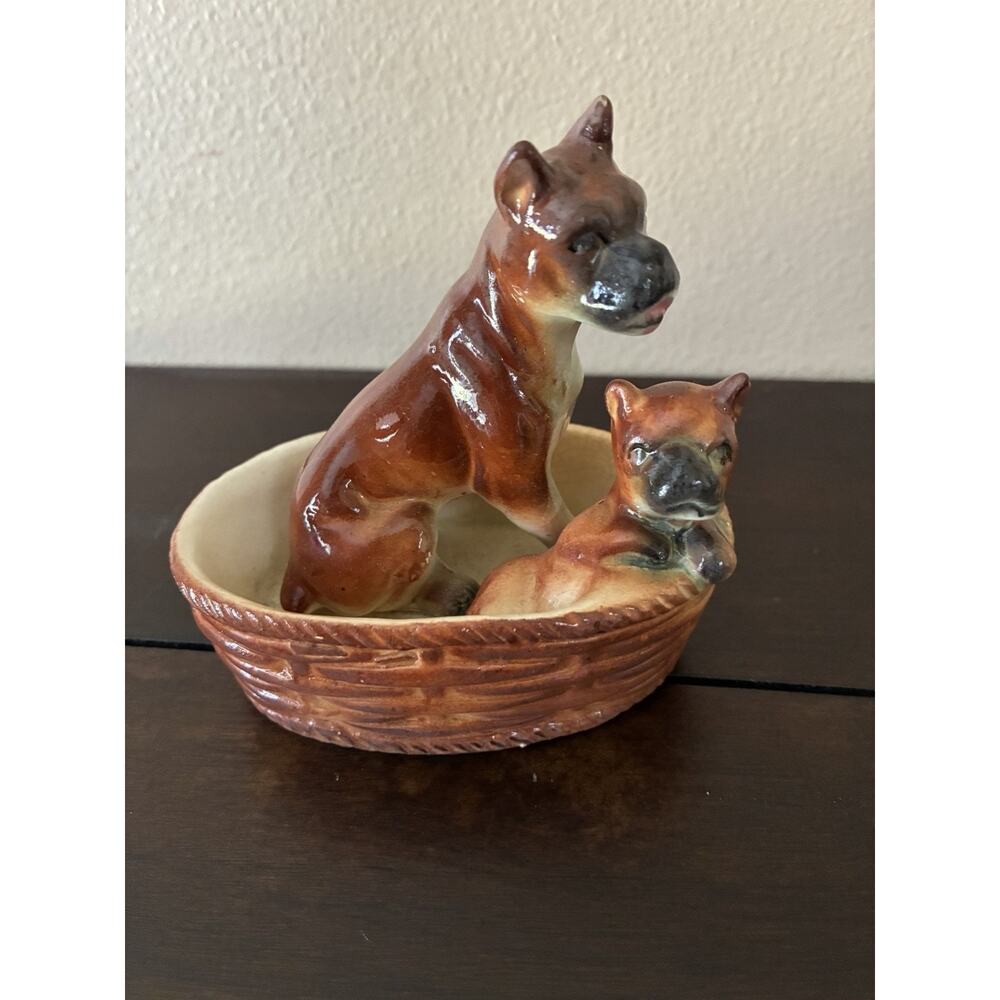 VTG Boxer Dog Figurine Mom/pup In Basket Porcelain 3.75”